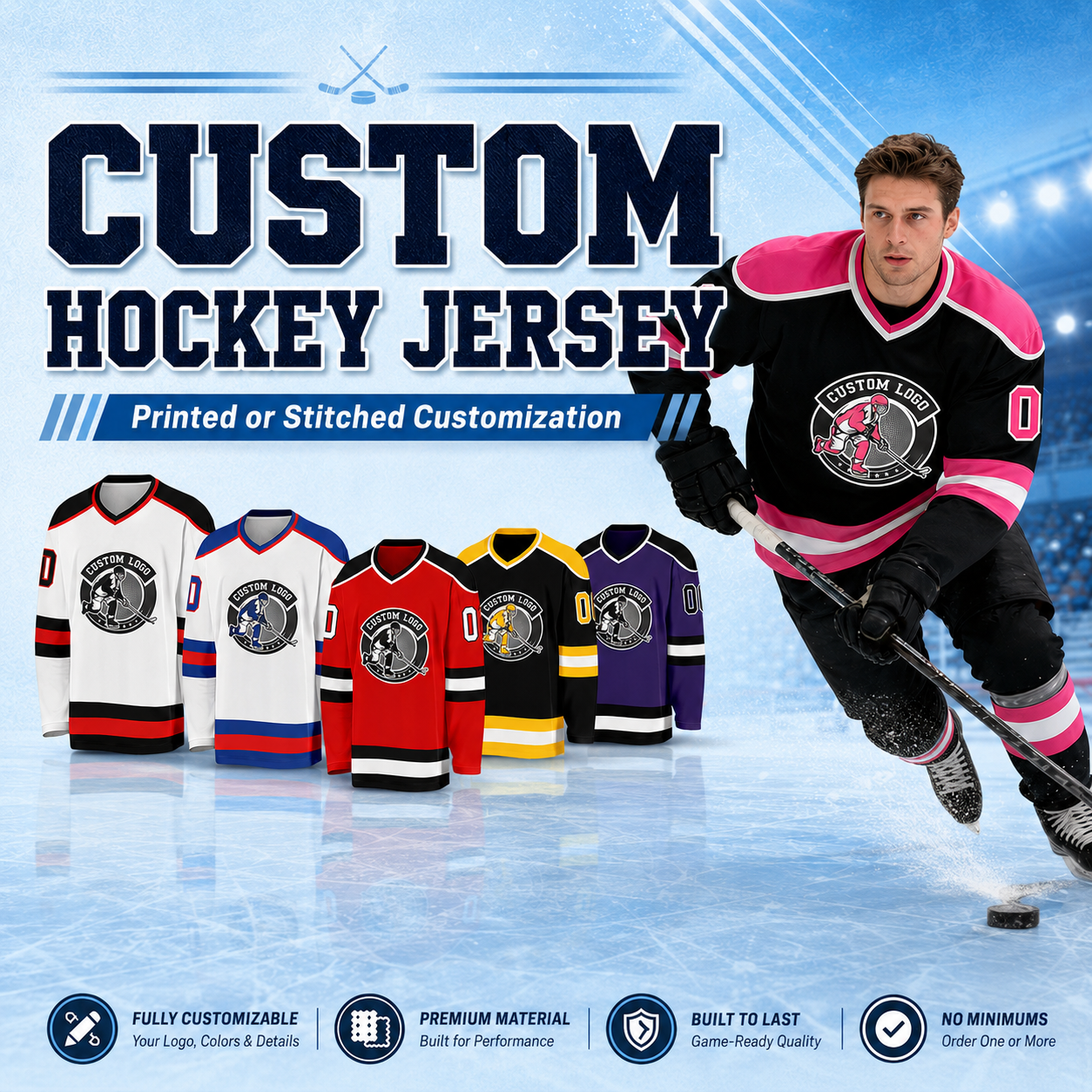 Custom Youth Hockey Jersey Stitched Printed Hockey Design for Office Teams with Stitched Printed Team Logo Name Number for Hockey Clubs
